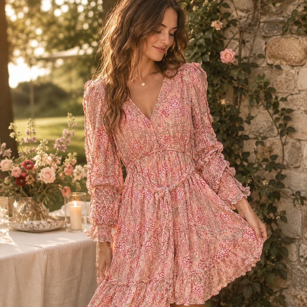 Marea Pink Floral Ruffle Mini Dress XS V-Neck Long Sleeve Smocked Gold Thread